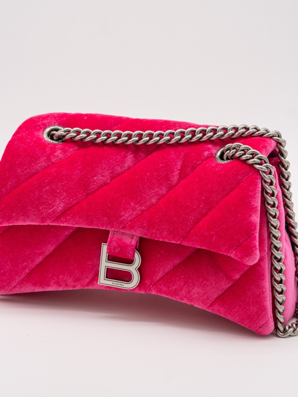 Balenciaga Crush Pink Velvet Quilted Chain Flap Bag Vibrant